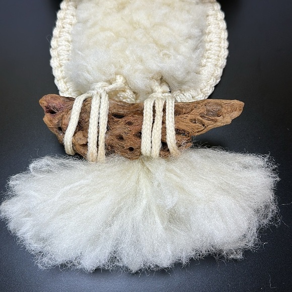 Vtg Ivory Snowy Owl Soft Macrame & Natural Wood Wall Hanging Decoration 70s Boho - Picture 5 of 11